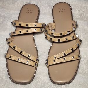 A New Day Tan/ Nude Studded Slide Sandals Size 11 – Square Toe Strappy Flats